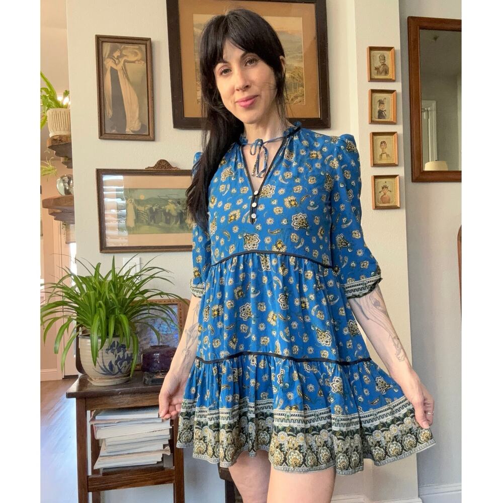 Veronica Beard Hawken Paisley silk dress tiered bohemian mini 00 XS - Picture 2 of 7